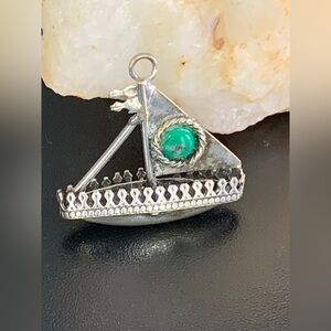 Vintage Silver Tone Dhow Boat Pendant - Double Sided Blue & Green Stones